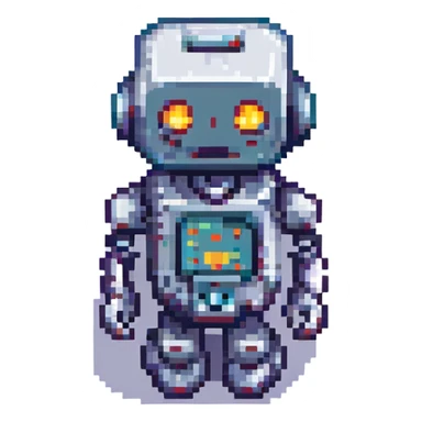A pixel art robot, designed with blocky, retro graphics, reminiscent of classic video game characters. sticker