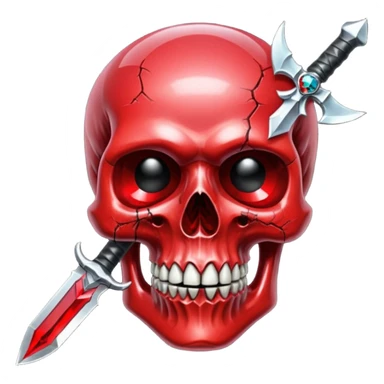 make me a red crystal skull partly see thew super gem like make it realistic and held together by a black bow and a small dagger to the eye with cracks coming from it have the bow be loosely tied around the skull holding it together make the blade super realistic  sticker