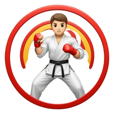 An emblem-style emoji symbolizing striking martial arts. The design features a stylized fighter in a dynamic stance, delivering a powerful punch, surrounded by a circular border with traditional elements like fists and combat symbols. Bold, clean lines with contrasting colors. sticker