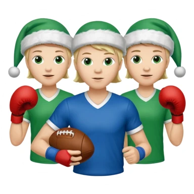 crie a imagem de 3 atletas de modalidades diferentes, usando elementos esportivos, como por exemplo bola, raquete, luvas de luta... e usando um chápeu de papai noel das cores verde e azul. sticker