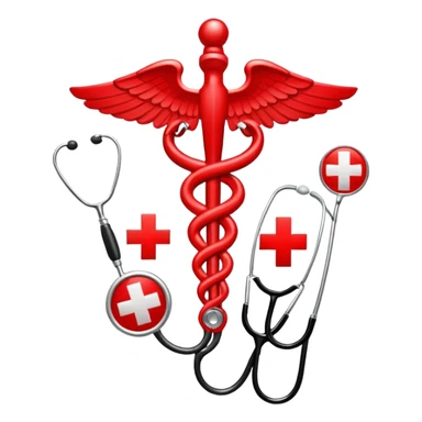 An icon featuring a caduceus (a bowl with a snake), a red cross, and a stethoscope, symbolizing medicine. The design includes medical tools and symbols, representing healthcare, diagnosis, and healing practices. Transparent background highlights the profession and study of medicine. sticker