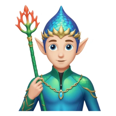 male elf in iridescent wetsuit, coral staff. Gills on neck sticker