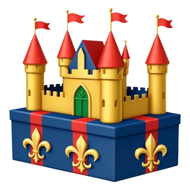  flag with 4 boxes: box1:gold fleur-de-lis on deep blue/black; box2:green, yellow, red stripes in upper right and lower left (box3) with green star in upper right; box4:yellow castle on red in lower right. Flat vector, clean, high contrast, clear at small size. sticker