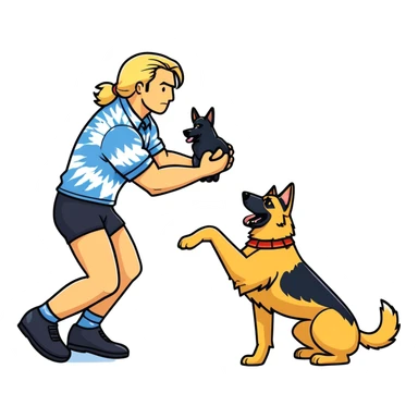 man with long blonde hair wearing tie dye shirt wrestling with German shepherd sticker