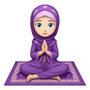 Turkish beautiful finish Konya girl blue eyes with purple flower hijab long tail dress and sits on the pray mat namaz on the ground with dua  sticker