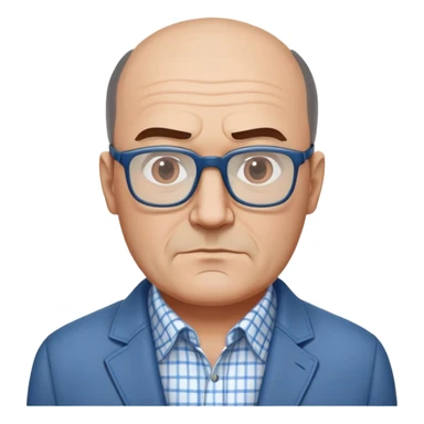 50-year-old heavyset man with wide face and prominent square jawline. Hair only on top of head with completely bald sides (horseshoe pattern baldness). Large dark square glasses. Serious-relaxed expression. Light gray jacket that fits his larger frame, white shirt with blue checkered pattern. sticker