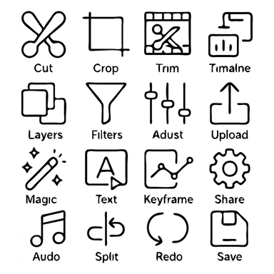 black and white icon set for editing and visual content creation including cut, crop, trim, timeline, layers, filters, color grading, export, AI magic wand, auto-enhance, object selection, text overlay, transitions, audio editing, split, merge, undo, redo, save, settings, and share in a cohesive unified style sticker