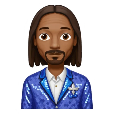 Snoop Dogg with long dark brown hair, periwinkle sequin outfit sticker