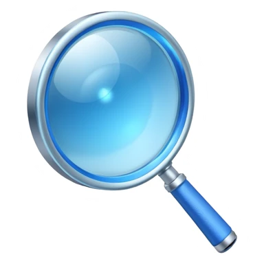 A 3D rendered magnifying glass, tilted right, frosted glass lens, glowing blue light, subtle shadows, purple background, high detail, cinematic lighting, app icon style sticker