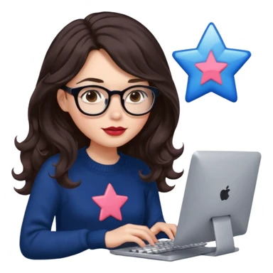 a white young woman with very long wavy dark brown/chocolate hair typing in a computer. she's using glasses, her lips are light red and her cheeks slightly pink. Her eyes are dark brown. She's using a dark blue knit sweater that has a tiny star in the middle   sticker