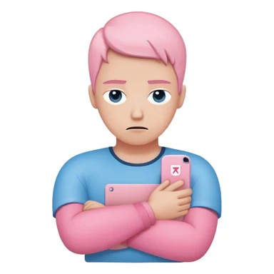 avoidant person with guarded neutral expression and slightly distant eyes, body posture leaning away with arms crossed creating emotional barrier, small shield or wall symbol nearby, phone face down being ignored, minimal soft rounded design with gentle blue and pink colors matching anxious attachment style sticker