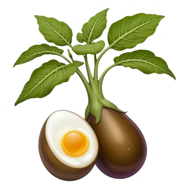 hybrid big brown coloured eggplant with veins along it, and one bulbous brown mushroom head to replace the stem and leaves of the eggplant. the object is positioned upright with two small brown boiled eggs attached at the lower half.  sticker