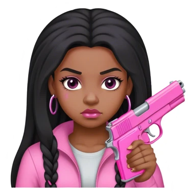 black girl with long hair baby hairs pink little cleave out and pink gun mean mugging sticker