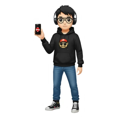 chico del cuerpo completo, cabello negro tipo militar, con audífonos Sony ,gafas Ray ban, sudadera negra con logotipo de super Mario, jeans negros Levis y tenis converse negros sticker