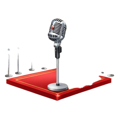 Create a glamorous and vibrant emoji that represents pop or stage vocal performance. The design should feature an empty stage with concert lighting. Include elements like an iconic stage microphone with a sparkling, rhinestone-studded microphone stand, set on a red carpet, a celebratory firework display in the background and a ribbon of musical notes flowing around the scene to symbolize the performance's energy. Use bright colors like gold, red, and silver to emphasize the excitement and glitz of the pop vocal world. The background should be transparent. sticker