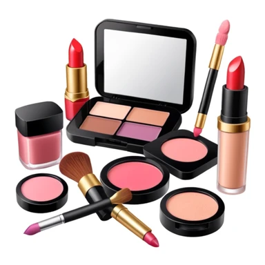 makeup products all together in one piece of png, lipstick, blush, powder, etc sticker