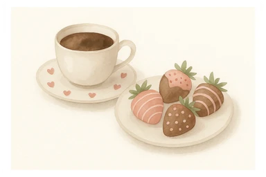 watercolor style illustration of a cup of coffee with a saucer decorated with small red hearts, and a plate with four chocolate-covered strawberries with pink and white decorations, minimal composition, no extra objects or background sticker