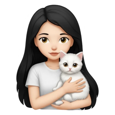a girl with long dark black hair, in a white t-shirt, hugs a persian kitten 3 months old black and white one cat. emoji | AI Emoji Generator sticker