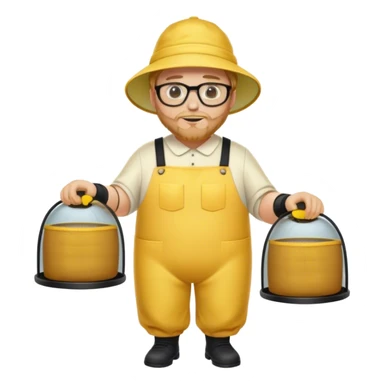 full body medium plus size male bee keeper in yellow and black with short light strawberry blonde hair and goatee wearing glasses with bee keeper hat sticker