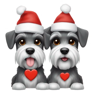 2 miniature schnauzers, 1 grey and 1 black and white, wearing Christmas hats with a heart above them sticker