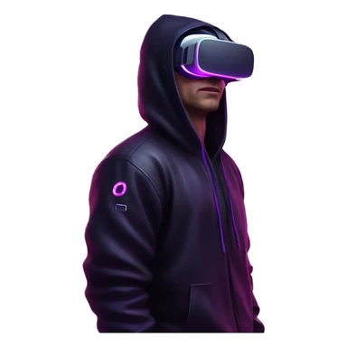 Russian man wearing a black hoodie with "OMG" letters on it and VR headset in a cyberpunk VR environment with violet neon lighting. sticker