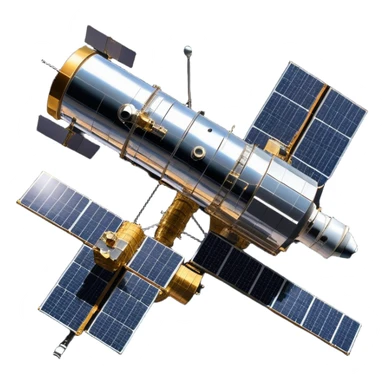 cinematic-realistic-hubble-space-telescope-emoji, an awe-inspiring, ultra-detailed depiction of the Hubble Space Telescope floating in space, its large, reflective metallic surface gleaming against the backdrop of the infinite blackness. The telescope's vast solar panels extend outwards, catching the light from distant stars, while its intricate, cylindrical body showcases advanced, precise engineering. The telescope's large, hexagonal lens is pointed towards the cosmos, surrounded by mechanical components, wires, and sensors. The detailed textures of the telescope’s metallic exterior, the shiny reflective coating, and the intricate grid-like solar panels are sharply contrasted against the void of space, with distant stars and nebulae faintly visible in the background, adding to the sense of scale and technological marvel; rendered with extreme realism and attention to detail. sticker