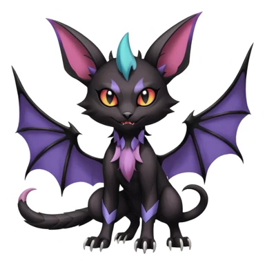 dark spooky badass cool shiny glossy smooth soft Black edgy Noivern-Noibat-Purloin-Torracat-Lykoi-Caracal-cat-Fakemon-fusion-hybrid-creature with bat wings on head as ears, big fangs, gothic markings sticker