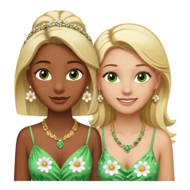 There will be two young women. One with dark brown skin, brown eyes, blonde hair, wearing a lot of necklaces and earrings. The other woman with green eyes, white skin, blonde hair, wearing a necklace and earrings, both wearing flowery dresses. sticker