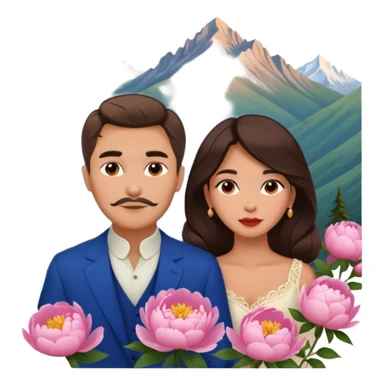 Couple traveling in Montenegro russian man and elegant  Latina girl delicate peonies and mountains in the background  sticker