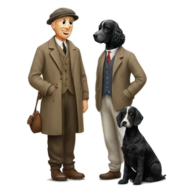 Countryside dressed man in a flat cap with a black cocker spaniel and a springer spaniel  looking up at him. Man must have white hair but not look old. 50's sticker