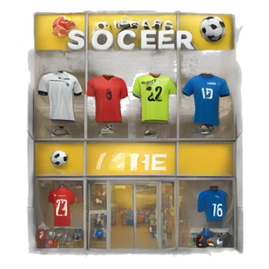“Soccer store exterior with bold signage, large windows showcasing football gear, jerseys, and accessories, and a dynamic, athletic design reflecting the energy of the sport.” sticker