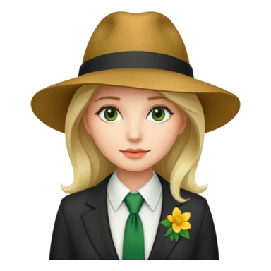 Woman in wide-brim hat & green tie sticker