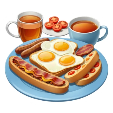 full English breakfast with eggs, bacon, sausage, beans, toast, and tomato with a cup of tea sticker