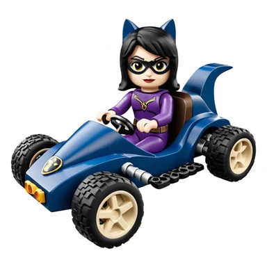 full size real-appearance road Lego racing sexy buxom CatWoman’s feminine midnight-colored tight outfit sixty’s tv show dark stealthy accurate sporty safe plush deluxe off-road pursuit drifting car jaguar (black hair,reclined and relaxed torso and shoulders back seating position) cross kart  sticker