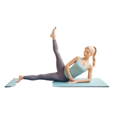 A person performing a Pilates exercise on a mat in a clean, modern studio. The focus is on core strength and flexibility, with a neutral, calming color palette. Simple equipment like a reformer machine and a soft, tranquil background enhance the feeling of controlled movement and focus. sticker