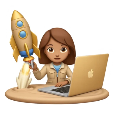 3D clay character with laptop and small rocket launching, cute rounded style, deep green (#0B3D2C), gold rocket, cream laptop, soft shadows, transparent background sticker