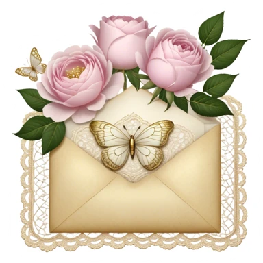 A delicate still life of an aged love letter sealed with golden wax, placed on a vintage lace doily, accompanied by a bouquet of pale pink roses and white peonies, with a shimmering pearl butterfly resting on the envelope. sticker
