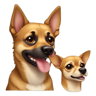 mutt dog with small german shephard head but larger chihuahua eyes and large overbite with left upper sharp canine tooth a crooked and sticking out mouth sticker