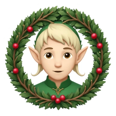 Fantasy elf portrait emoji, winter forest wreath made of pine branches and berries, elven ears visible, calm elegant expression, clean simple design, soft winter colors, flat emoji style, high readability, male variant
 sticker