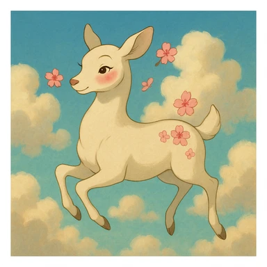 feminine adult vanilla cloud doe, floating gracefully with rosy cheeks and cherry flowers, in a soft, magical Ghibli-Pixar style sticker