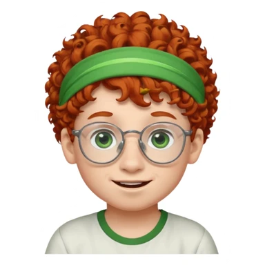 redhead kid with unique face features and very curly hair kid boy happy and big glassess and big nose and very green eyes and headband sticker
