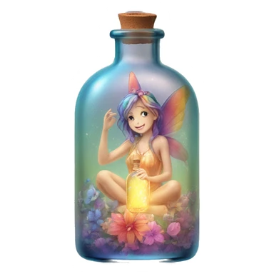 Antique oil bottle made of crystal glass of all delicate colors of the light rainbow, a living flower fairy sits at the bottom of the bottle sticker