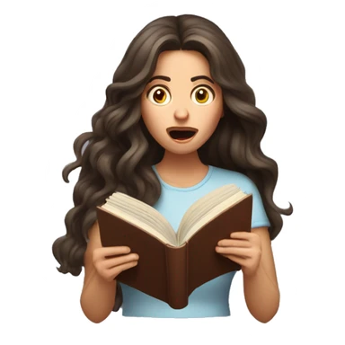 brunette long wavy hair woman shocked face while holding and reading book sticker