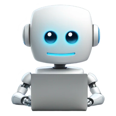 Cute happy robot behind computer writing code sticker