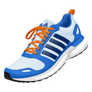 Adidas blue and white running shoes with orange shoe laces sticker