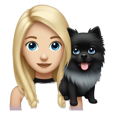 A blonde girl with blond strands around her face and blue eyes with a black pomeranian sticker