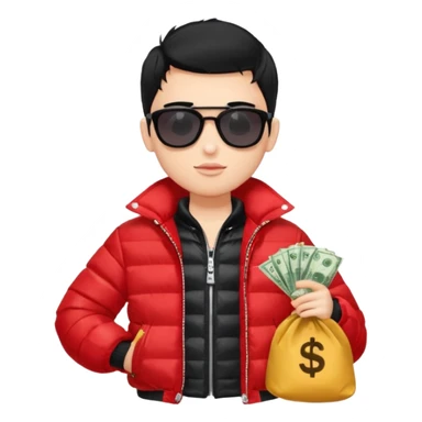 a pretty bratz boy with black hair, holding a bag of money, sunglasses on, red puffer jacket sticker