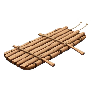 showing a simple wooden raft floating on calm blue water — made of several brown logs tied together with rope — gentle ripples around it — bright, cheerful lighting and soft shadows — minimalist, clean emoji design sticker