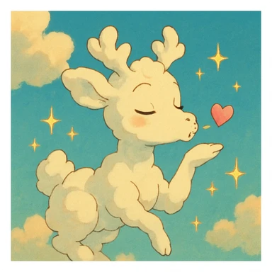 whimsical vanilla cloud doe in Ghibli style blowing a kiss, surrounded by sparkles sticker