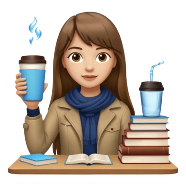 a designer with light skin long brown hair bangs waving, stack of books, coffee cup on top, water bottle  sticker